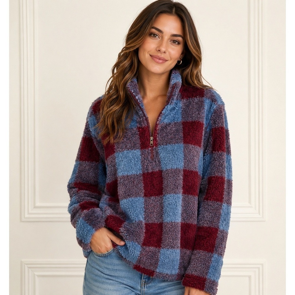 Eddie Bauer Fuzzy Pullover Womens S Blue Burgundy Plaid Faux Fur Quarter Zip